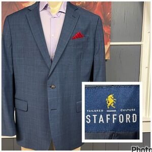 Stafford Blazer Jacket Sport Coat Mens 48R Classic Fit Wool Blend Stretch Blue